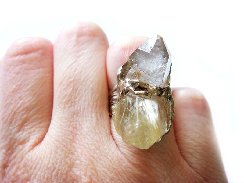 Smoky and Rutilated Quartz Ring Sterling Silver