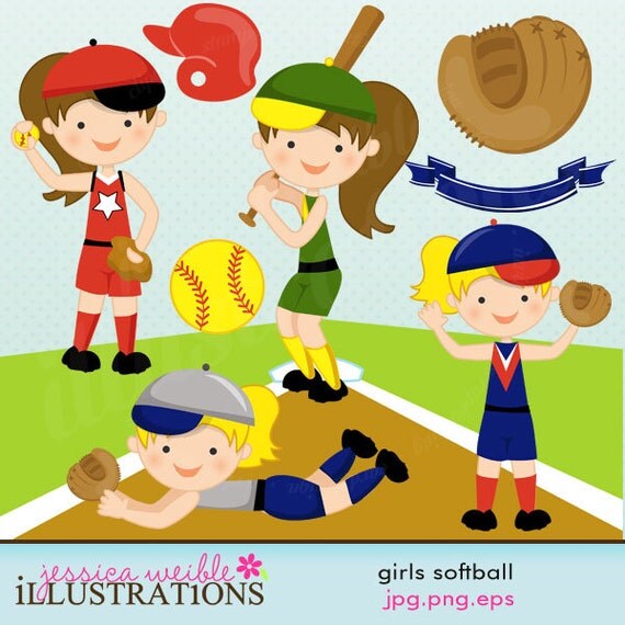 Girls Softball Cute Digital Clipart for Card Design, Scrapbooking, and Web Design Il_570xn