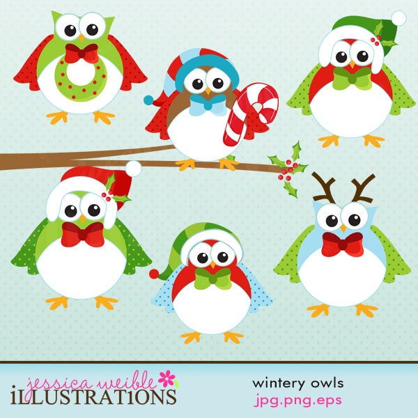 Wintery Owls Cute Digital Christmas Clipart for Card Design, Scrapbooking, and Web Design Il_570xn