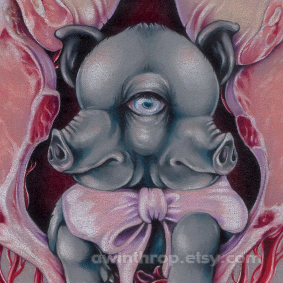Two Faced Piglet with Meat 5"x7" Giclee Mini Print - "A Plethora of Parts"