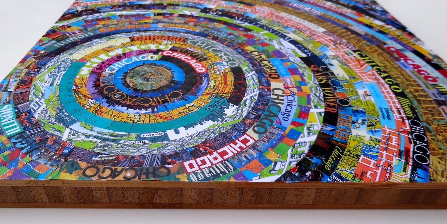 Custom Maps Collage on Bamboo Panel 12" x 12" - Paris, London, Chicago, Moscow - YOUR PICK