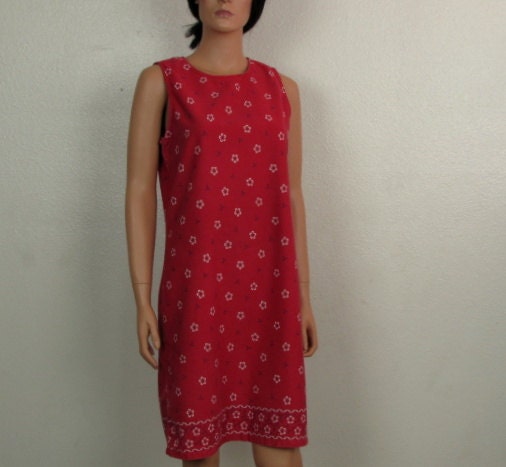 Vintage Red Country Cotton Denim Sleeveless Sheath Dress by Real Comfort