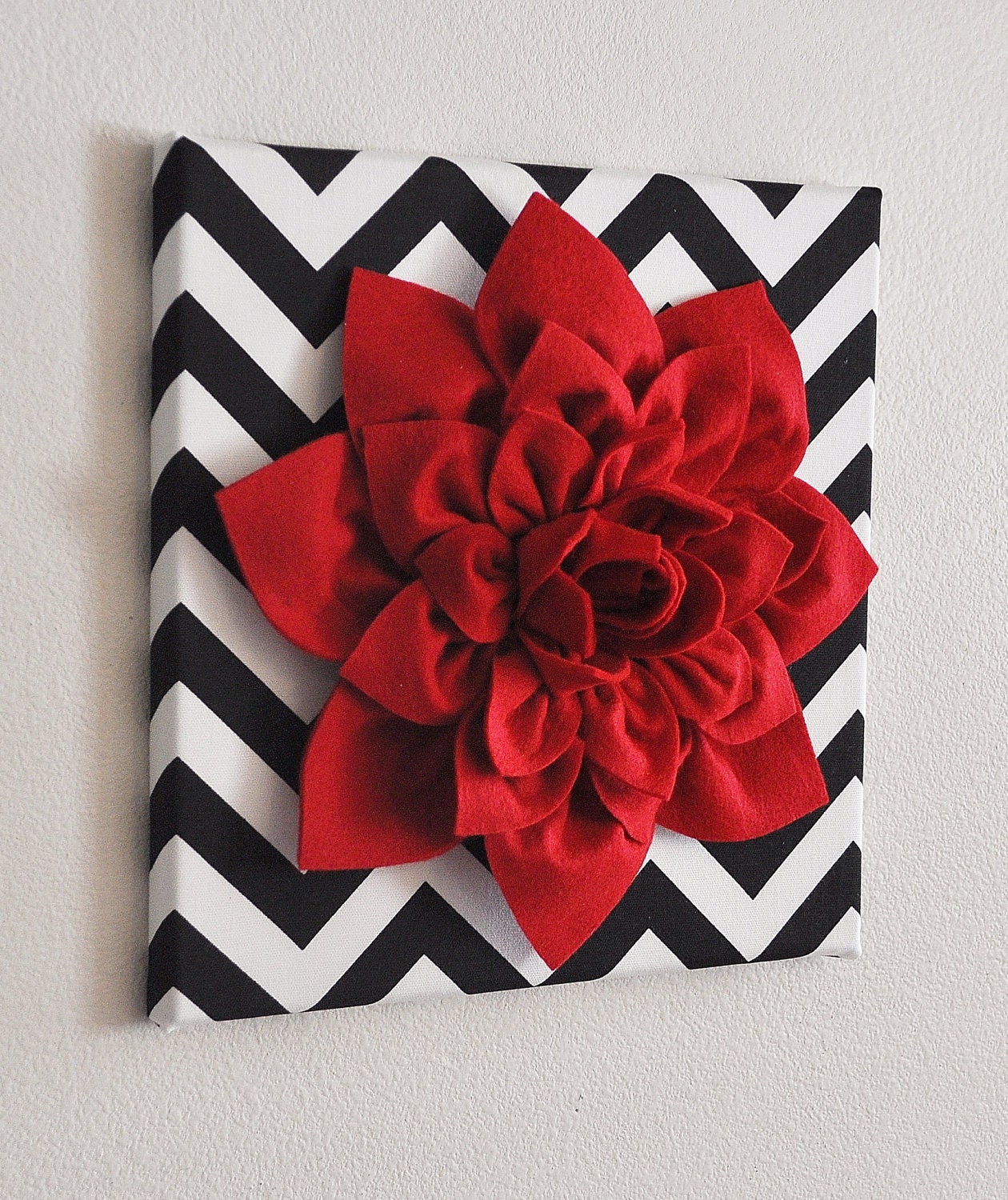 TWO Red Wall Flower -Red Dahlia on Black and White Chevron 12 x12" Canvas Wall Art- Baby Nursery Wall Decor-
