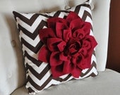Cranberry Dahlia on Brown and Natural Zigzag Pillow -Chevron Pillow- Autumn Decor- Fall Decor