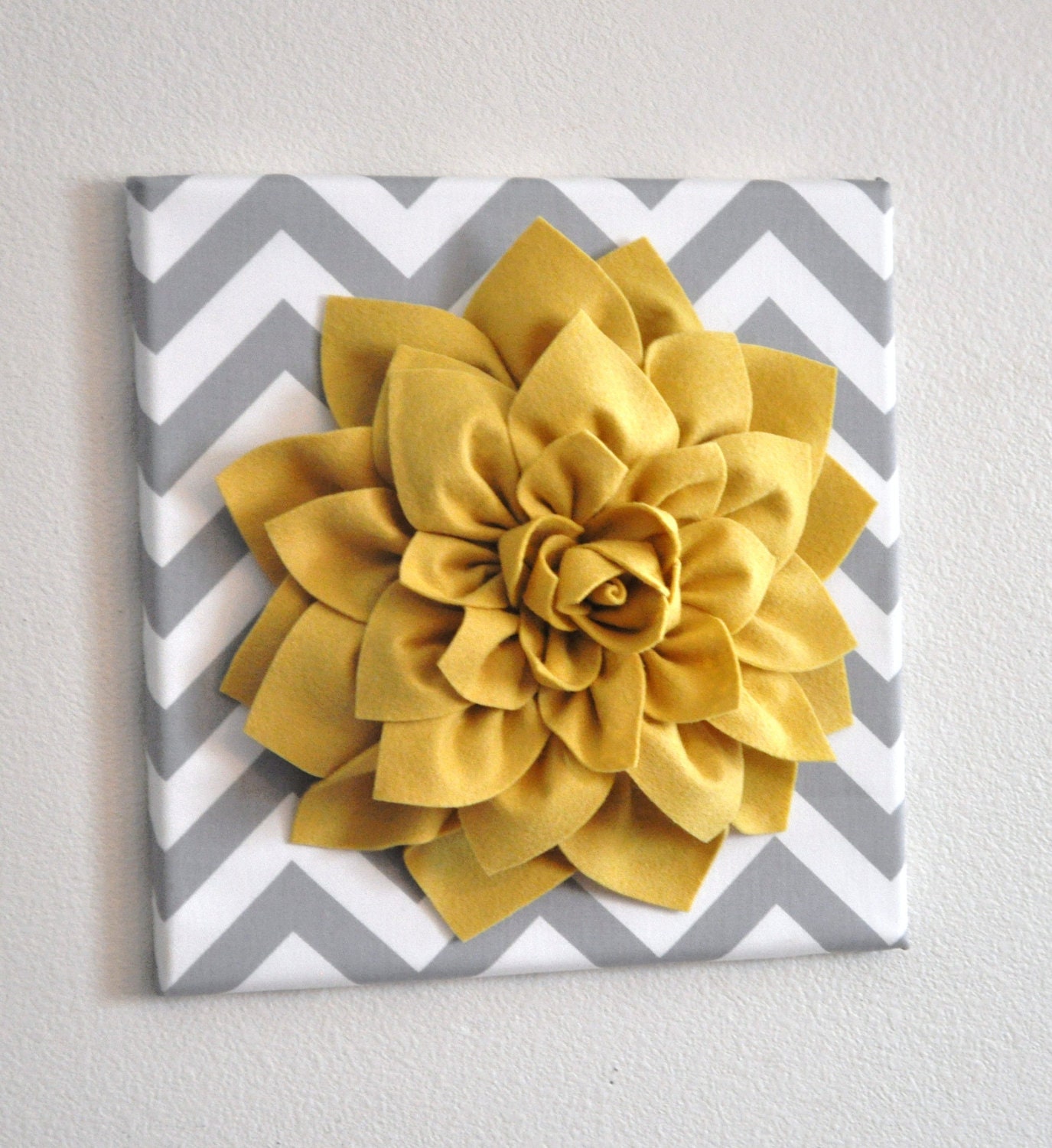Wall Flower -Mellow Yellow Dahlia on Gray and White Chevron 12 x12" Canvas Wall Art- 3D Felt Flower