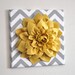 Wall Flower -Mellow Yellow Dahlia on Gray and White Chevron 12 x12" Canvas Wall Art- 3D Felt Flower