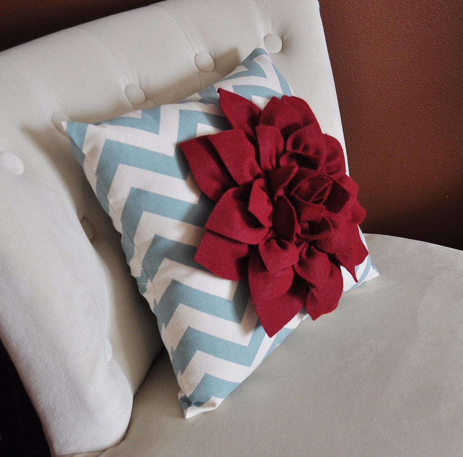 Cranberry Dahlia on Blue and Natural Zigzag Pillow -Chevron Pillow- Autumn Decor- Fall Decor