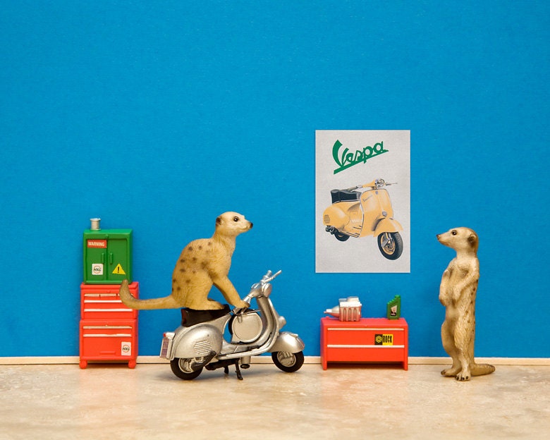 vespa scooter print, meerkat mechanics, blue - Toodle Pip 8 x 10