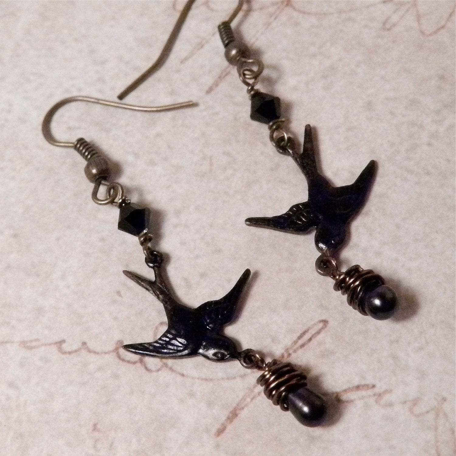 The Raven -  Black Patina Brass Birds with Freshwater Pearls & Crystals