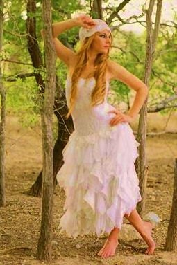 Handemade Tea Length Wedding Gown Handkerchief Tiered  Lace and Satin Strapless Bridal Dress