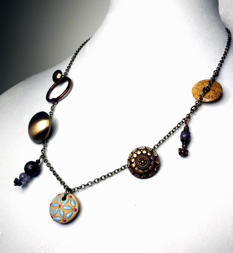 Golden Hour Necklace--Vintage Brass Buttons, Amethyst Dangles, Jasper Donut, Clay Pendant, Earthtones, Natural, Warm, Sand