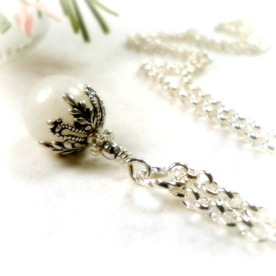 Snow White Necklace Victorian Silver and White Necklace Smooth White Quartz Pendant Necklace Antique Silver Filigree Necklace