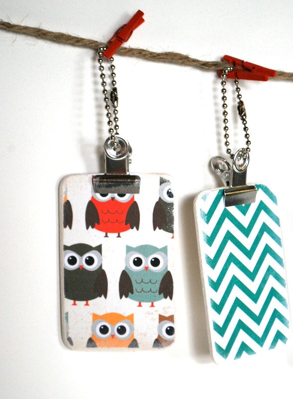 Mini  Key Chain - Clip Board - Owl and Teal Chevron - Stocking stuffer