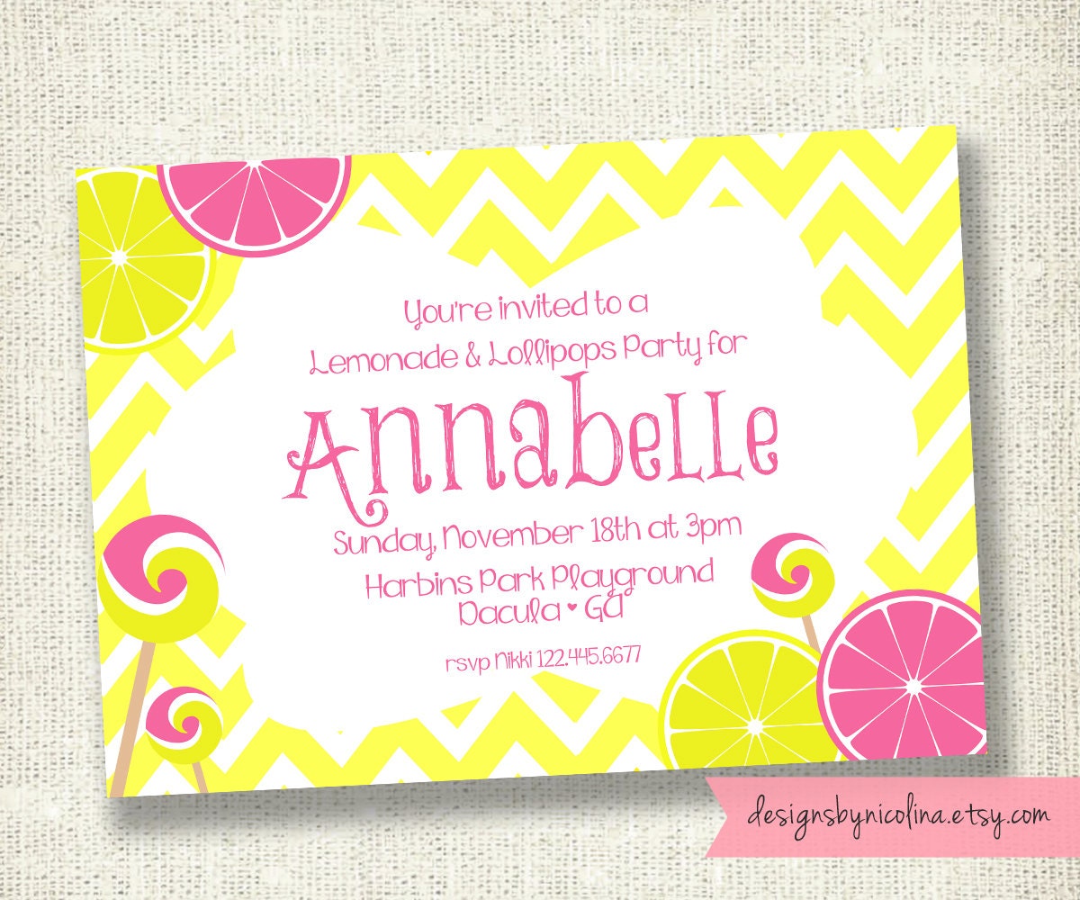 Lemonade & Lollipops - Yellow Chevron - Pink and Yellow Lemons - Lollipops - Girl Shower/Party PRINTABLE Invitations
