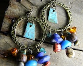 Brass Hoop Earrings Verdigris Patina Lapis Lazuli
