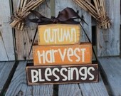 Primitive Autumn harvest Blessings STACKER Wood block set  fall autumn pumpkin home seasonal decor