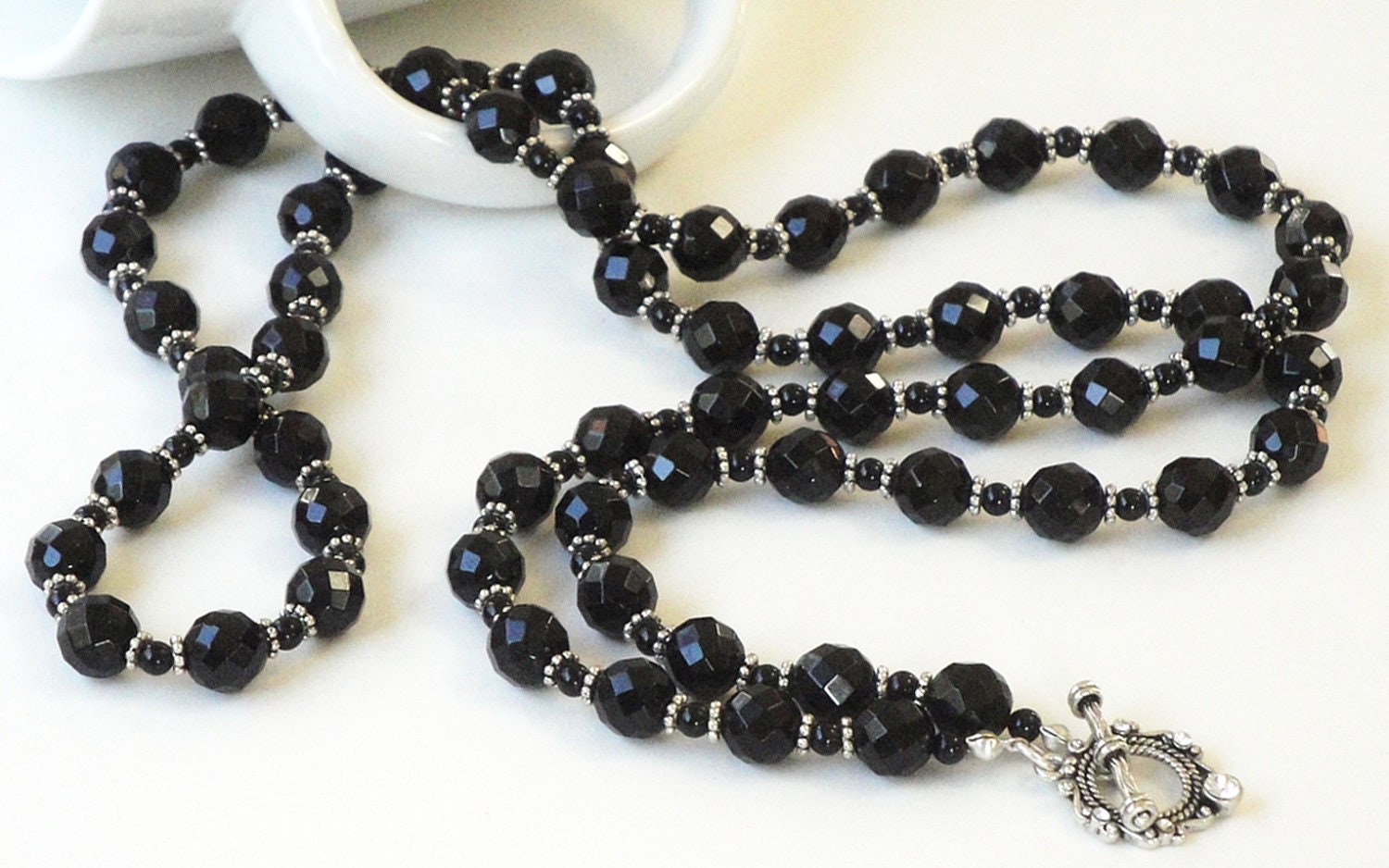 Long Layered Black Onyx  Faceted  Silver Crystalized Toggle Clasp  Necklace/ Gift Guide Under 100