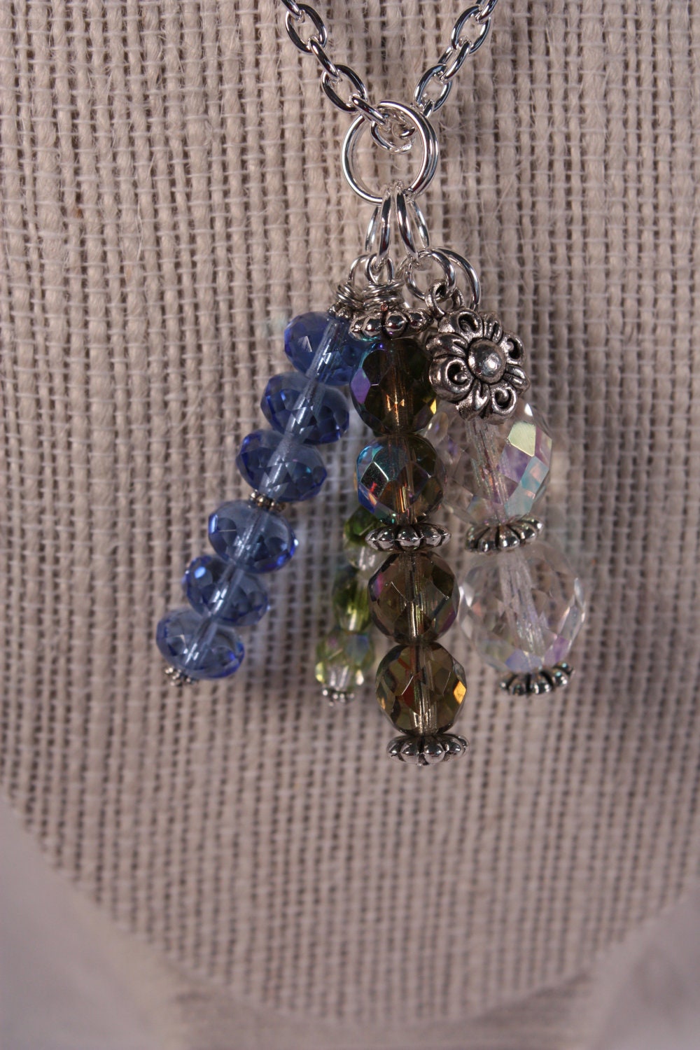 Cluster Necklace - Czech Glass Beads and Pewter Charm, 18 inches