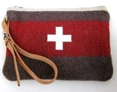 Swiss Army wool blanket bag- Toiletry bag- Unique-Taupe grey with red Stripe -Swiss cross.Industrial  Retro Design-Great gift for guys