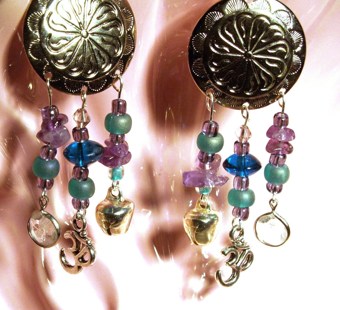 Cascading Hues of Purple Blues Greens Sanskrit Om  Silver Concho Earrings  with Amythest