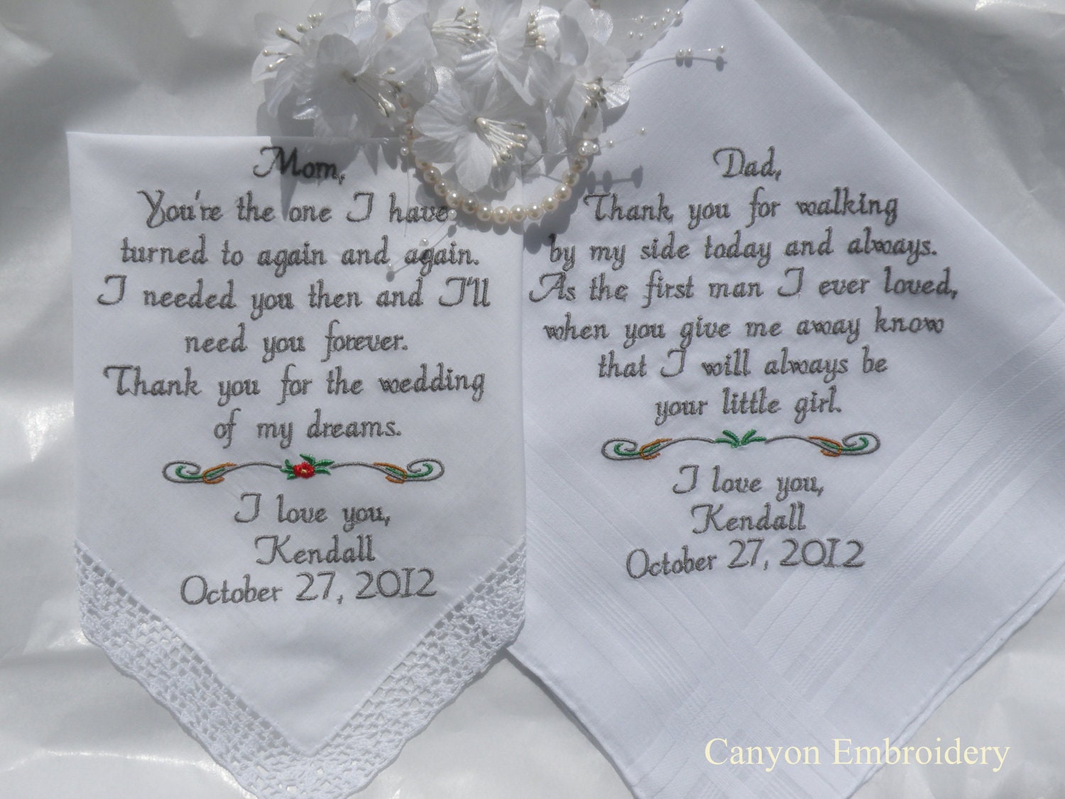 Embroidered Wedding Handkerchiefs - Mom - Dad - Hanky for Mother of the Bride - Groom Set of Two By Canyon Embroidery on ETSY