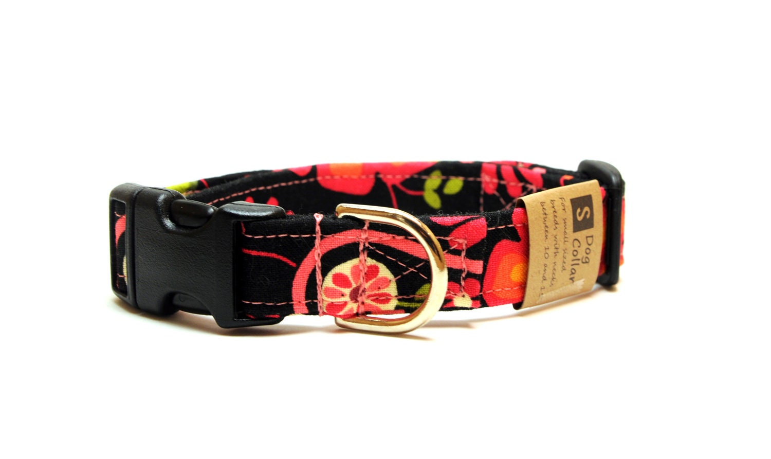 Adjustable Dog Collar - Black Fuschia Orange and Yellow Floral - Small