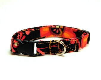 Adjustable Dog Collar - Black Fuschia Orange and Yellow Floral -Extra Small