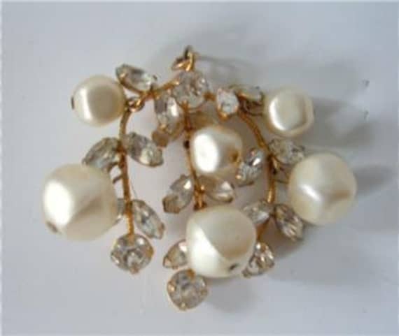 50s Rhinestone Pearl Pendant Crystal And Faux Baroque Pearl Pendant Vines Leaves Vintage