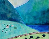 18 x 36" Fertile Ground large original folk art mountain house painting