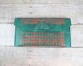 Aztec, Tribal Print Leather Clutch, Turquoise and Metallic Copper
