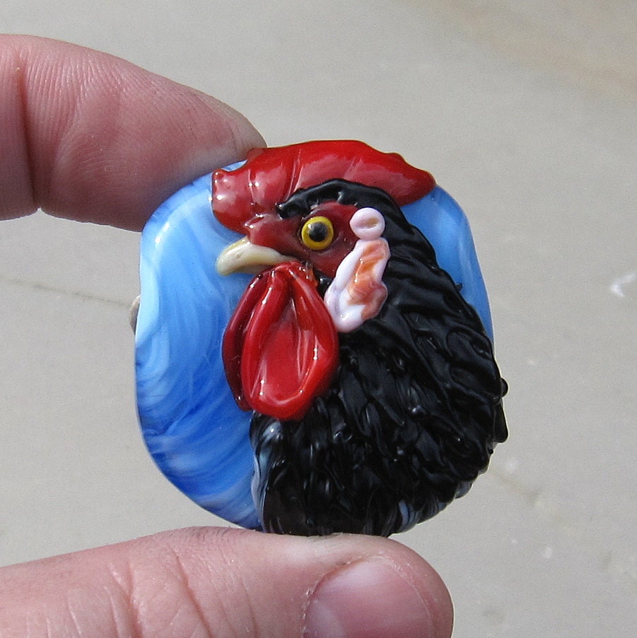 Australorp Rooster - Lampwork Glass Sculpture Focal Pendant Bead - SRA
