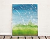 watercolor painting, shooting stars, green, blue, wishes, original painting