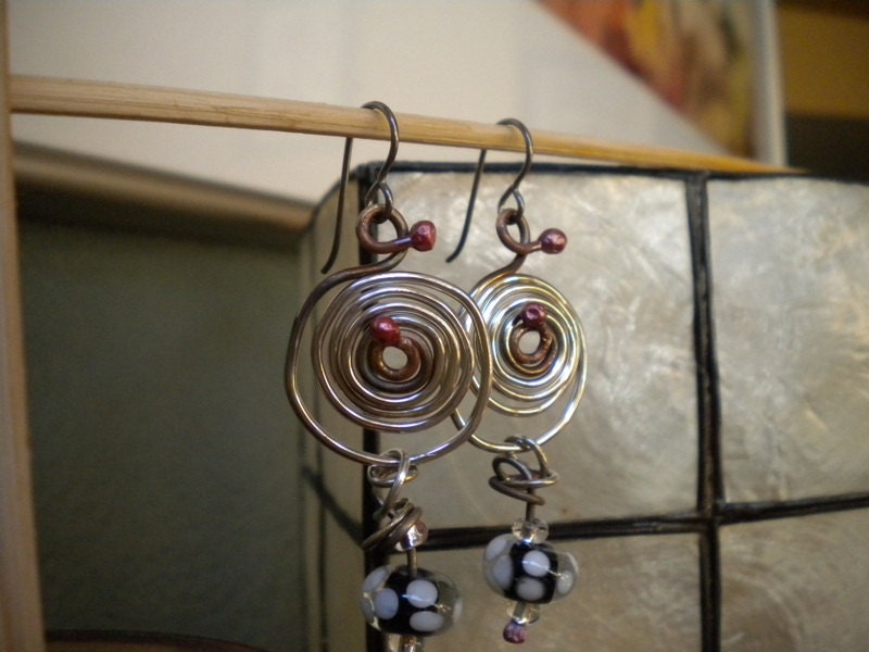 Swirls and Coils Black and White Lamp Bead Earrngs with Niobium Earwires (hypo-allergenic)