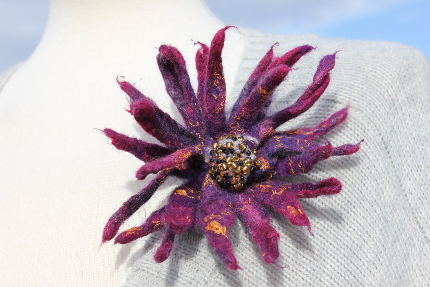 Felted wool flower brooch pin corsage - purple magenta gold pink- gift Mother's Day