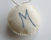 Cream felt ornament with embroidered initial - personalized
