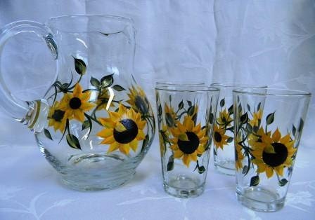 Pitcher and Beverage Glasses hand painted with bright yellow Sunflowers