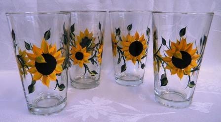 Pitcher and Beverage Glasses hand painted with bright yellow Sunflowers