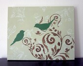 Damask Birds Painting, French Country Cottage Wall Decor, Original Painting, 20 x 16 inch
