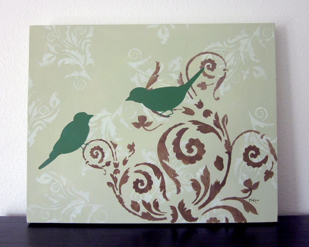 Damask Birds Painting, French Country Cottage Wall Decor, Original Painting, 20 x 16 inch