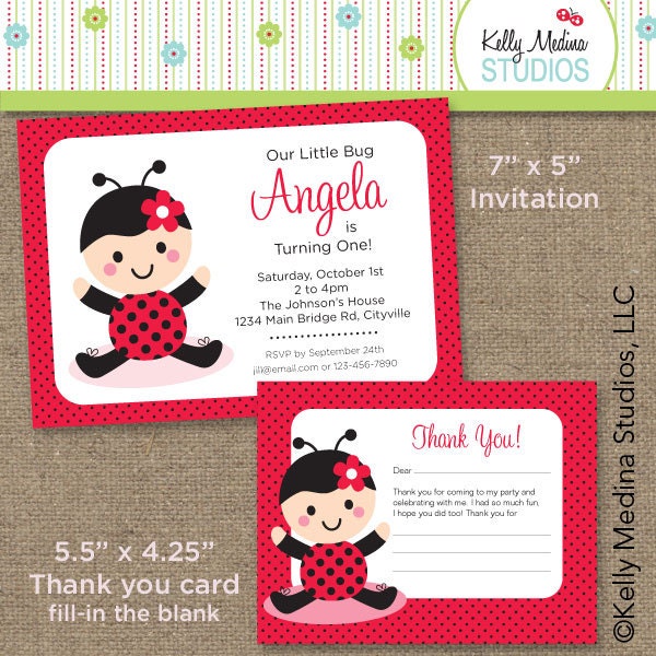 Custom Lady Bug Baby Girl Red Invite and Thank You Card - Personalized Printable Digital Invitation - Personal Use Only