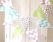 9 Feet Banner, 21 Flag Bunting, Lime Gingham, Aqua Blue Chevron, Grey Polka Dot, Chevron, Baby Boy Nursery Decor, Wedding, Birthday Garland