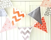 5 Feet Banner, 11 Flag Bunting, Orange and Grey, Chevron, Polka Dot, Squares, Baby Boy Nursery Decor, Wedding, Birthday Garland