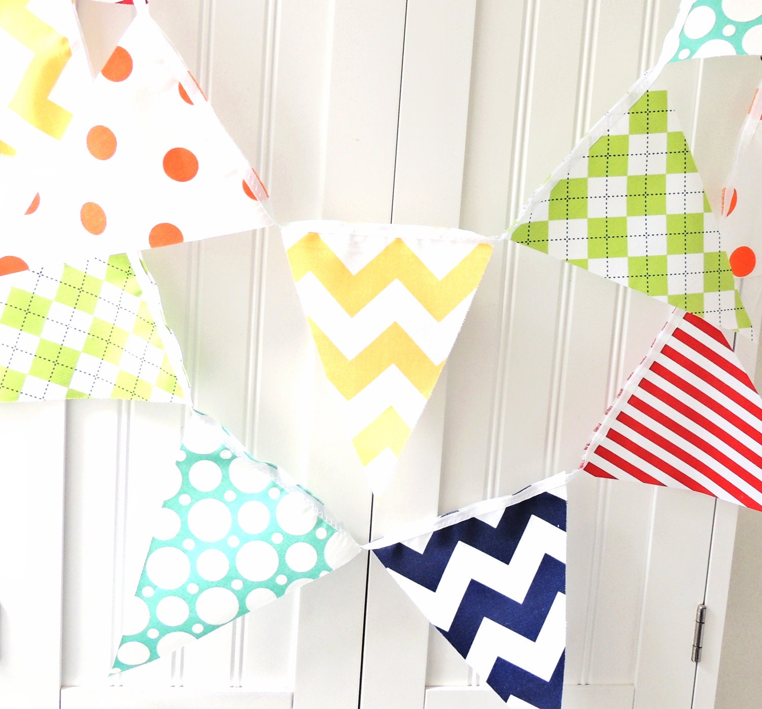 5  Feet Banner, 11 Flag Bunting, Yellow Chevron, Orange, Teal Polka Dot, Lime Argyle, Red Stripe, Baby Boy Nursery Decor, Birthday Party