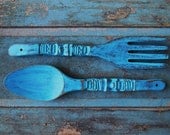 Spoon Fork Turquoise  Wooden Wall Decor Distressed