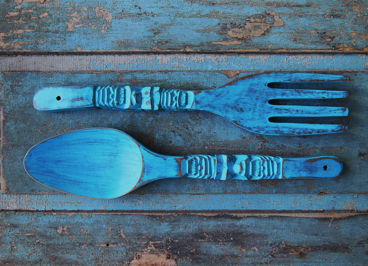 Spoon Fork Turquoise  Wooden Wall Decor Distressed