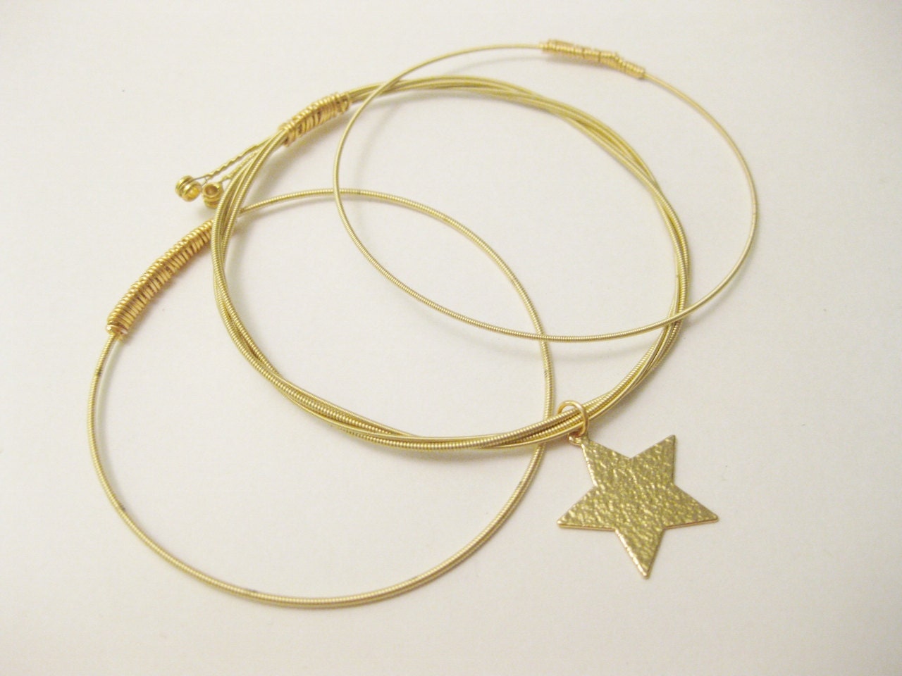 Guitar String Bangles - Set of 3 - Gold Star Charm Bracelet- Handmade Recycled Jewelry - Gold Wire Wrapped