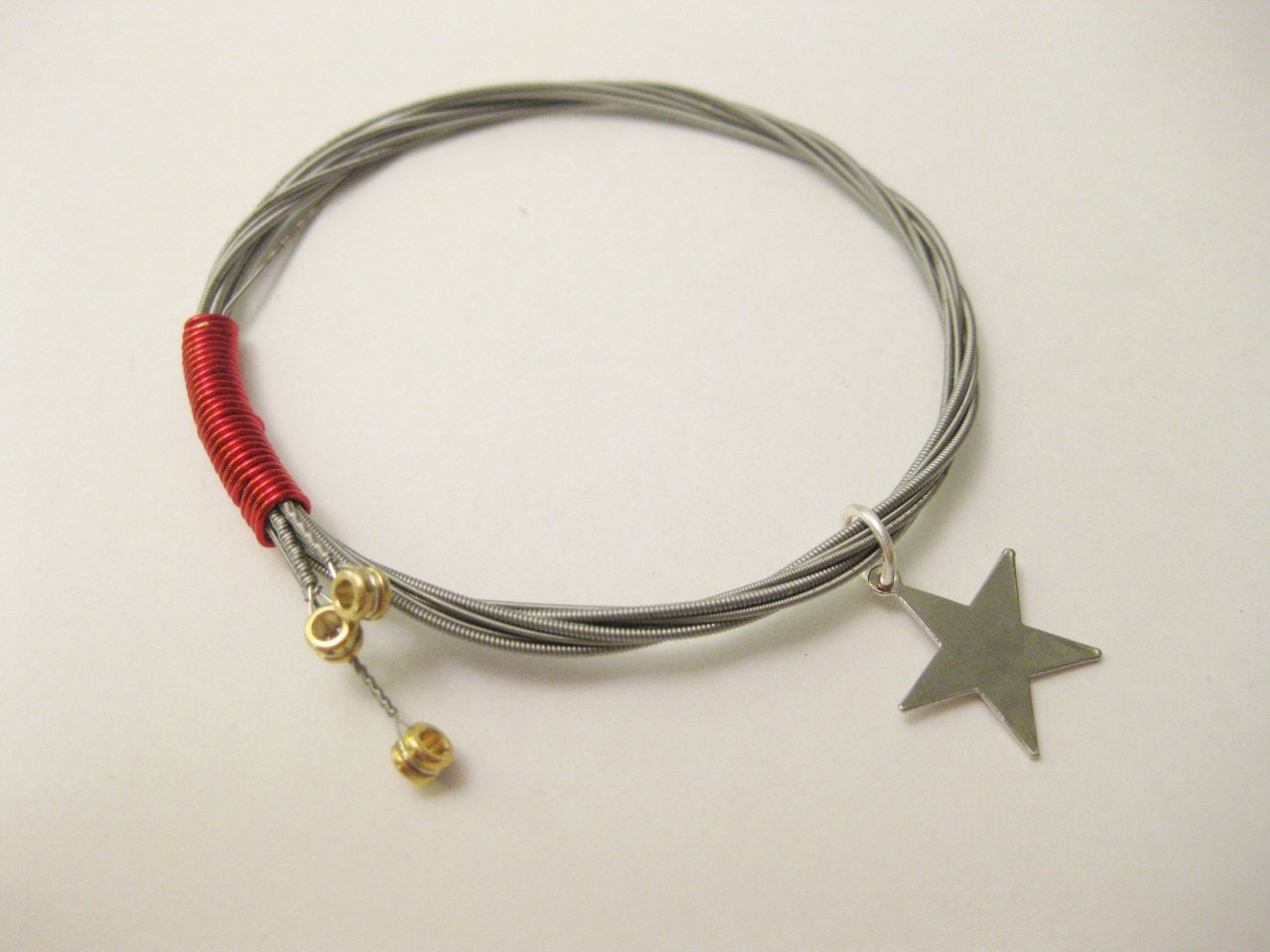 Guitar String Bangle Bracelet - Silver Star Charm with Red Wire Wrapped - Handmade Recycled Jewelry