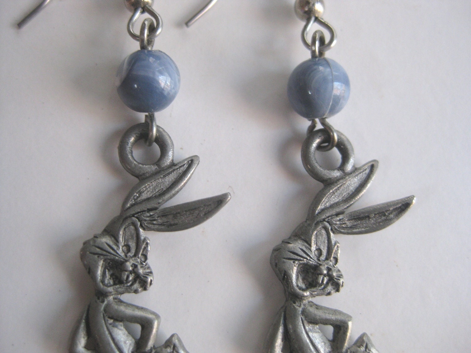 Cute Vintage Bugs Bunny  1992 Earrings blue glass beads FREE Shipping