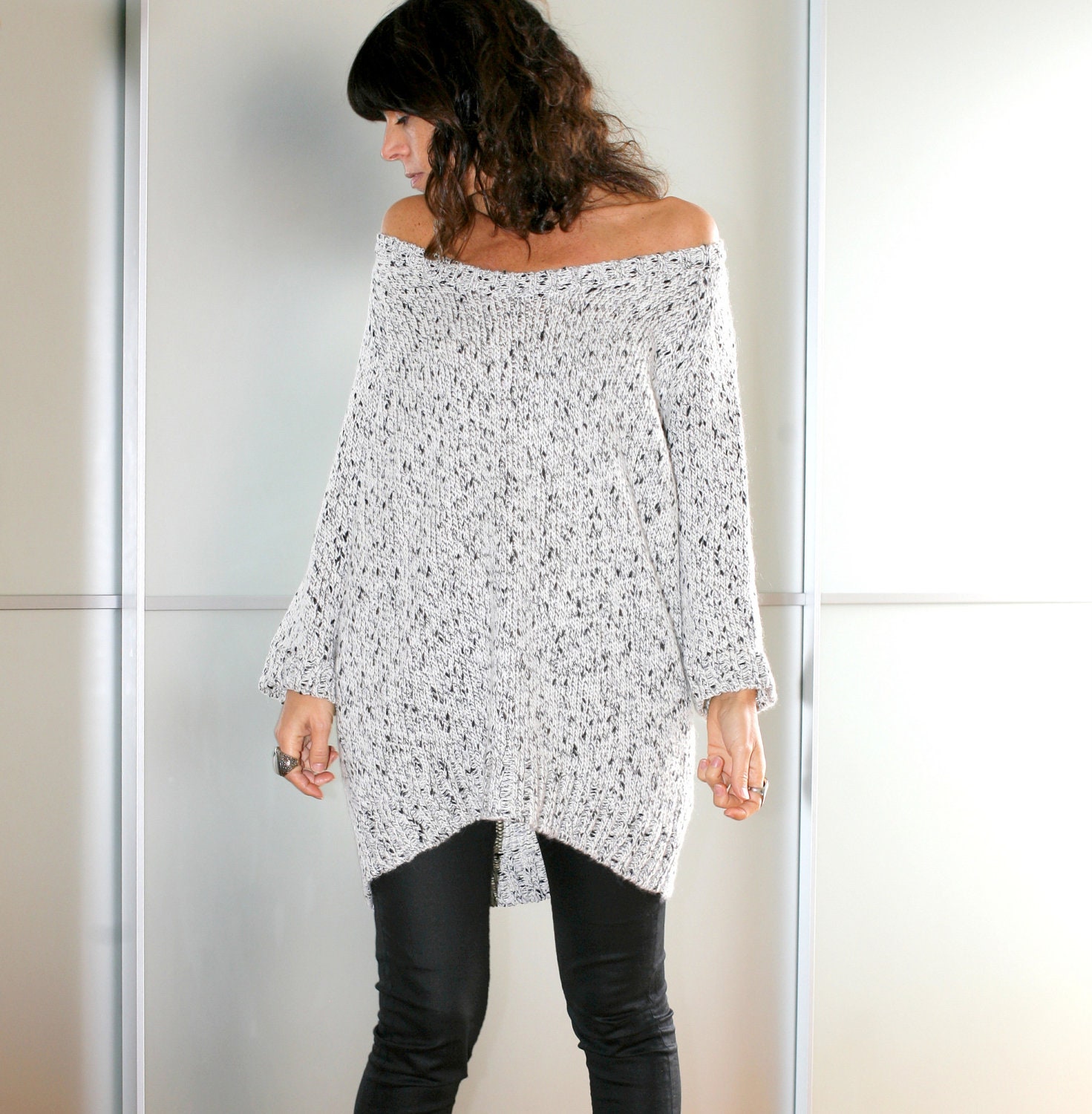 White And Black Wool Oversize Maxi Sweater Mini Dress Size S M L XL