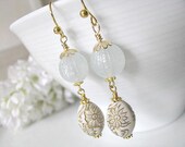 Vintage Pale Blue Cream Gold Floral Eggs Earrings - Soft White Winter, Gift For Her
